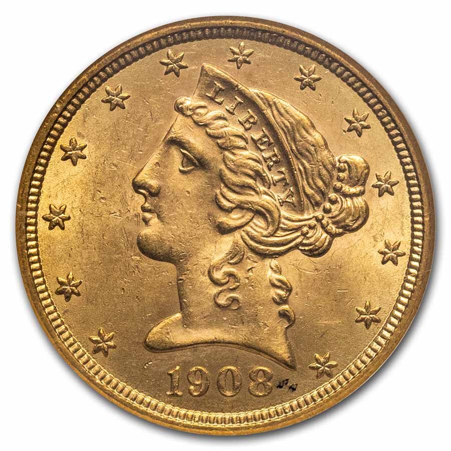1908 $5 Liberty Gold Half Eagle MS-61 NGC