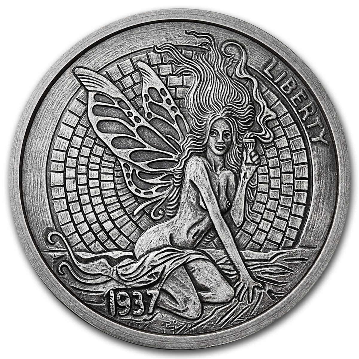 5 oz Silver Antique Round - Hobo Nickel (Green Fairy & Fish Bone)