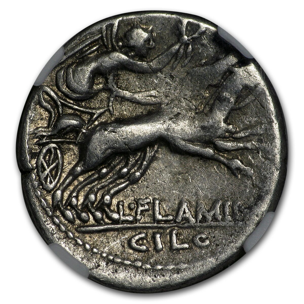 Roman Repub. Silver Denarius L. Flaminius Chilo (109/8 BC) VF NGC