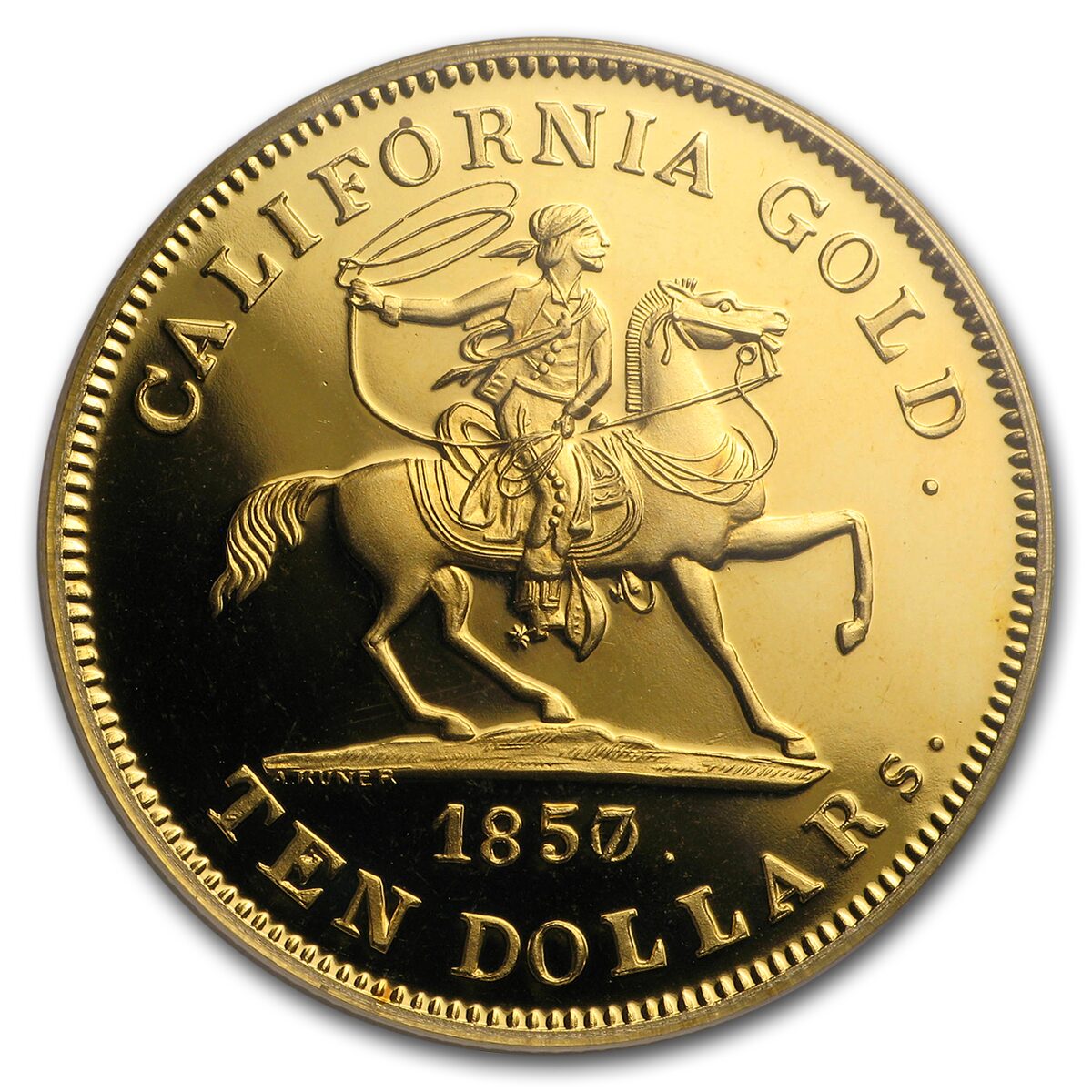 1857/0 $10 49er Horseman .887 Fine Cal Gold PCGS