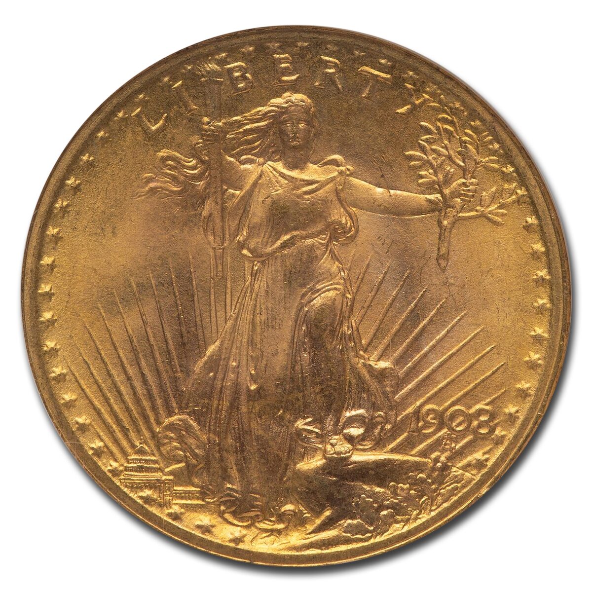 1908 $20 St Gaudens Gold Double Eagle No Motto MS-67 NGC