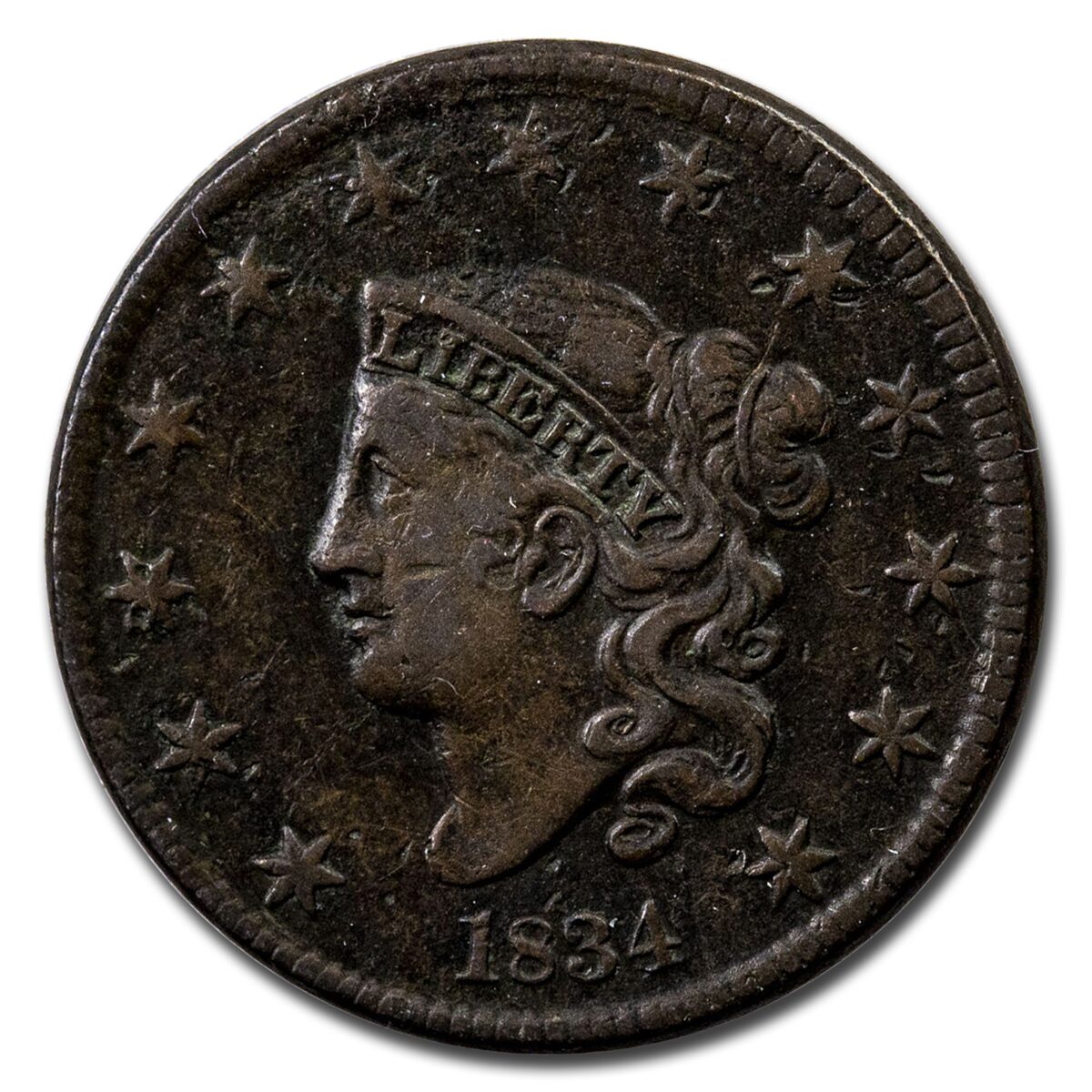 1834 Large Cent Sm 8, Large Stars & Medium Letters VF