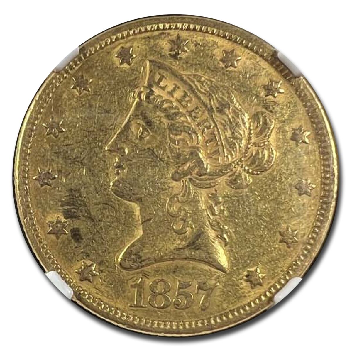 1857 $10 Liberty Gold Eagle AU-55 NGC