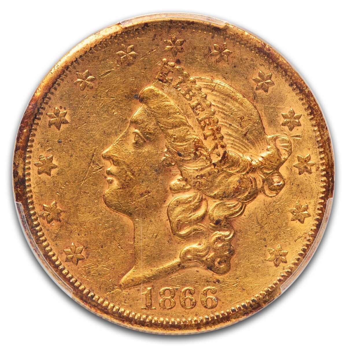 1866-S $20 Liberty Gold Double Eagle No Motto AU-53 PCGS