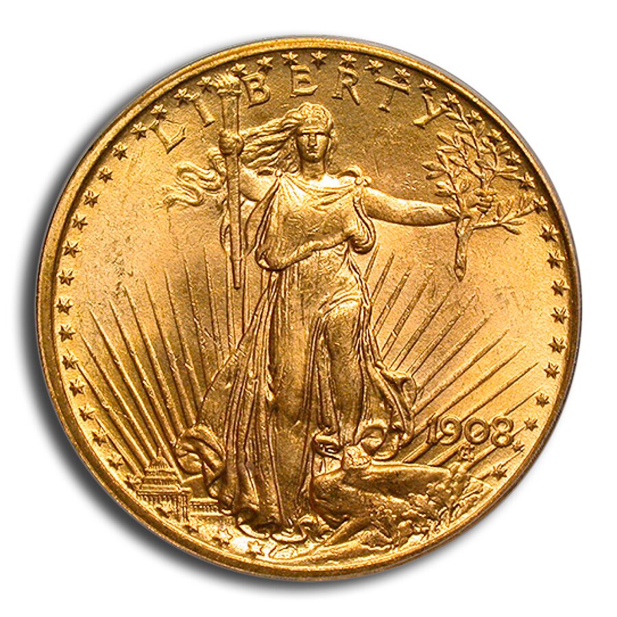 1908 $20 St. Gaudens Gold Double Eagle No Motto MS-64 PCGS CAC