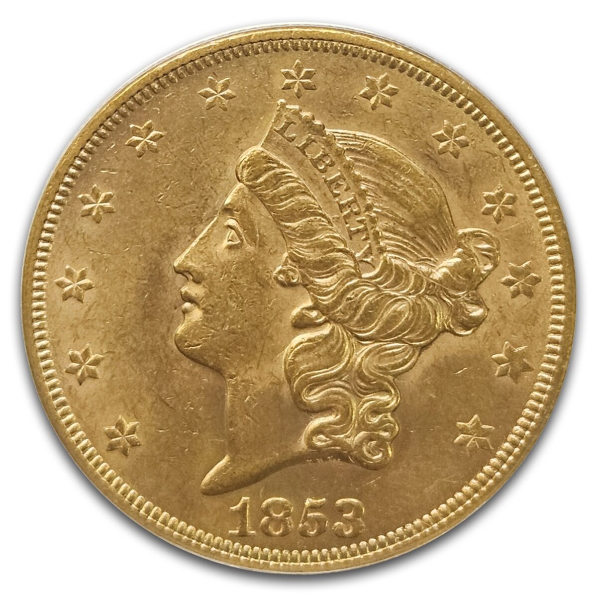 1853/2 $20 Liberty Gold Double Eagle AU-58 PCGS