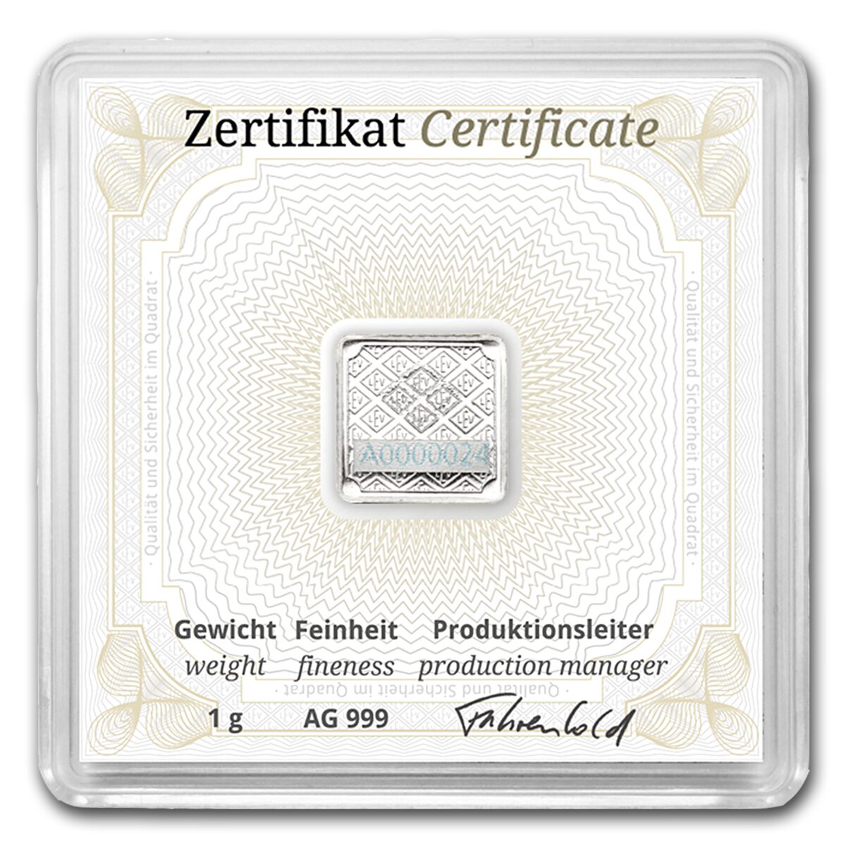 1 gram Silver Square - Geiger Edelmetalle (Encapsulated w/Assay)