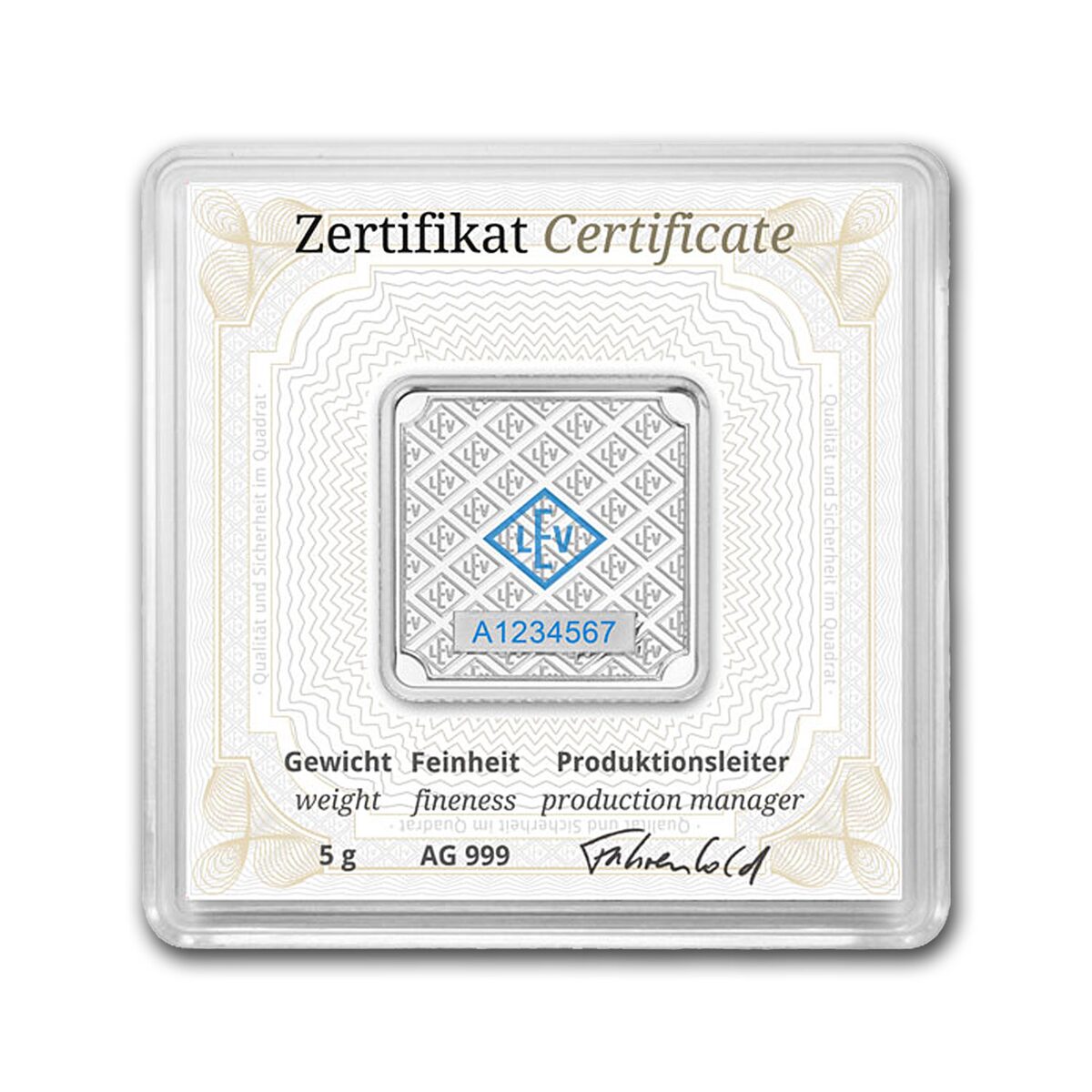 5 gram Silver Square - Geiger Edelmetalle (Encapsulated w/Assay)