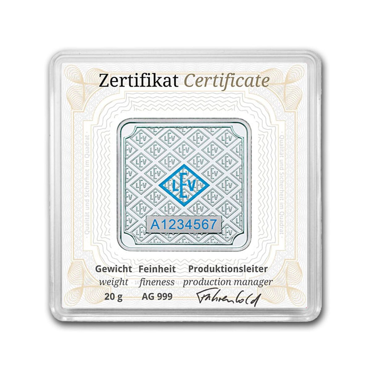 20 gram Silver Square - Geiger Edelmetalle (Encapsulated w/Assay)