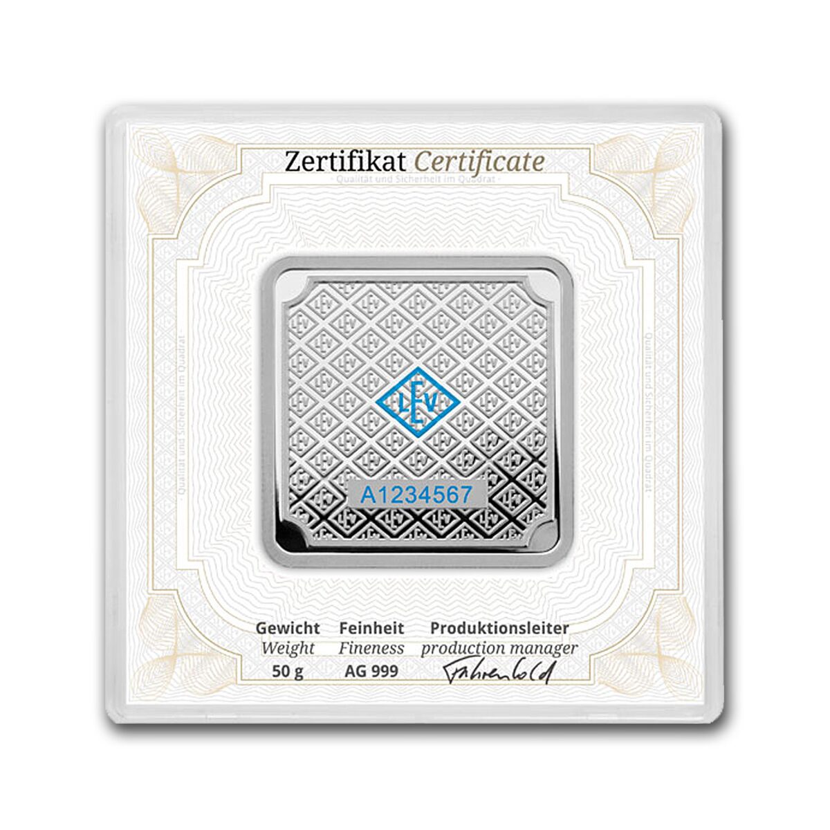 50 gram Silver Square - Geiger Edelmetalle (Encapsulated w/Assay)