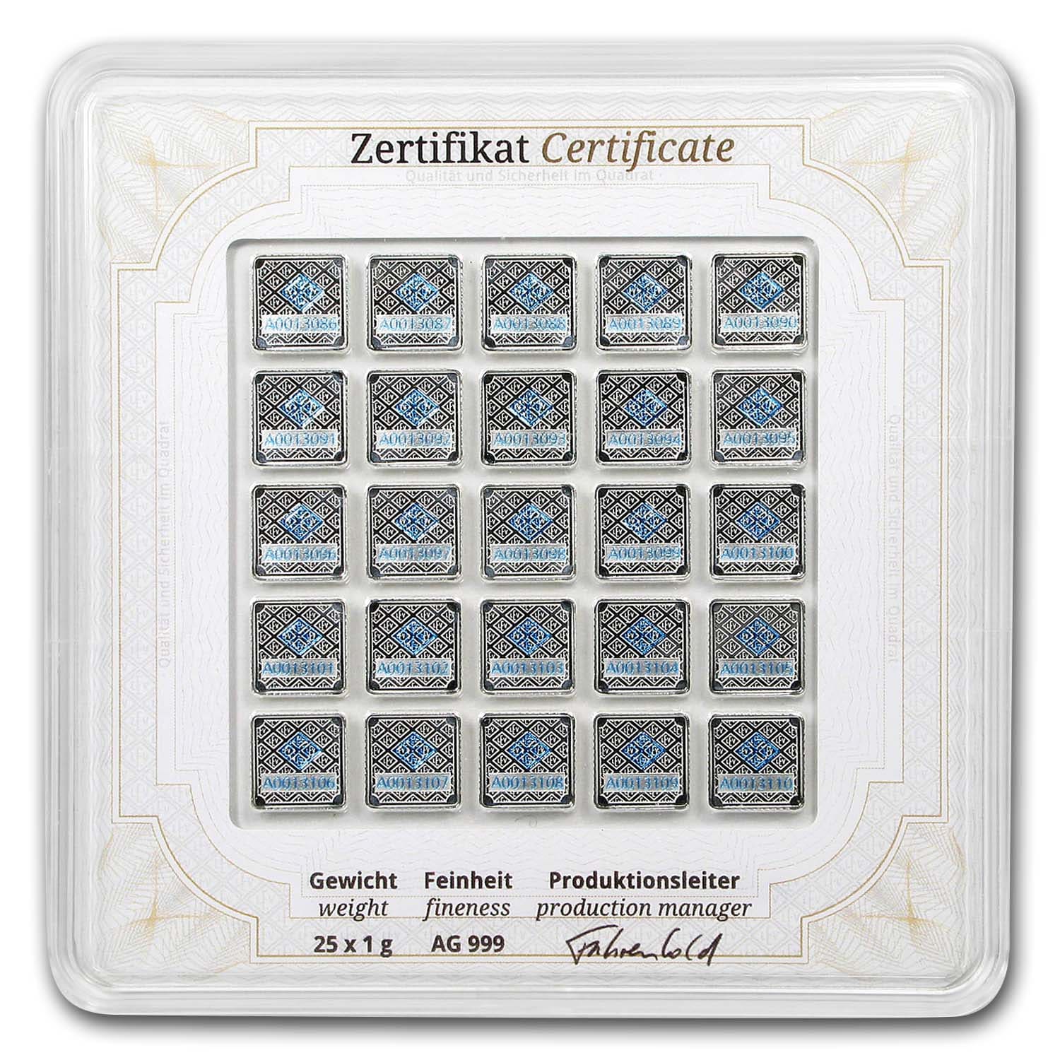 25x 1 gram Silver Bar - Geiger Edelmetalle (Original Multicard)