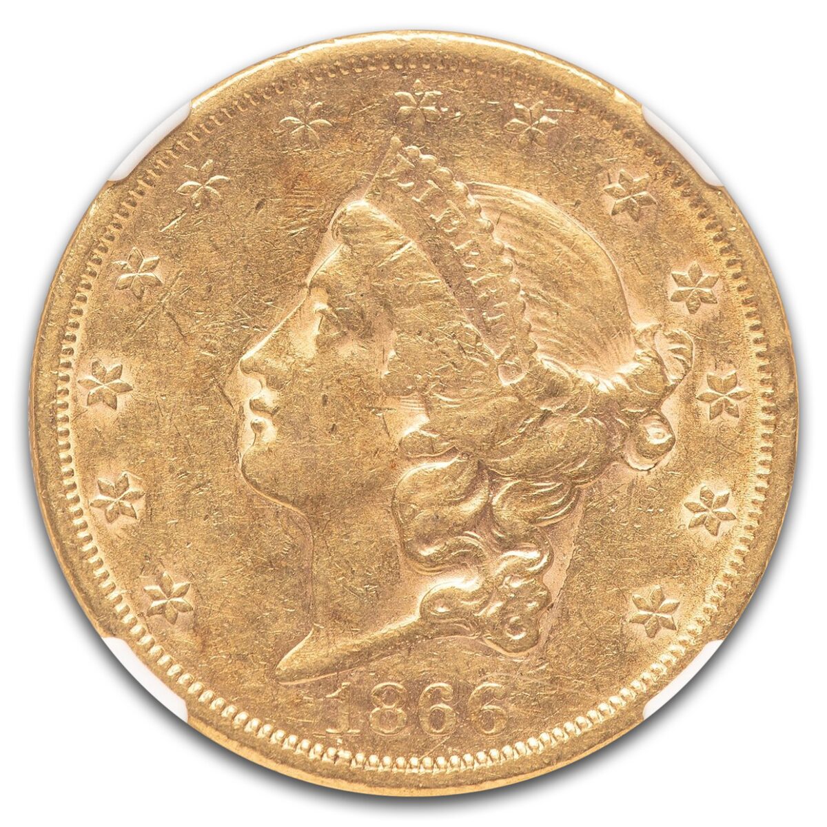 1866-S $20 Liberty Gold Double Eagle w/Motto AU-55 NGC