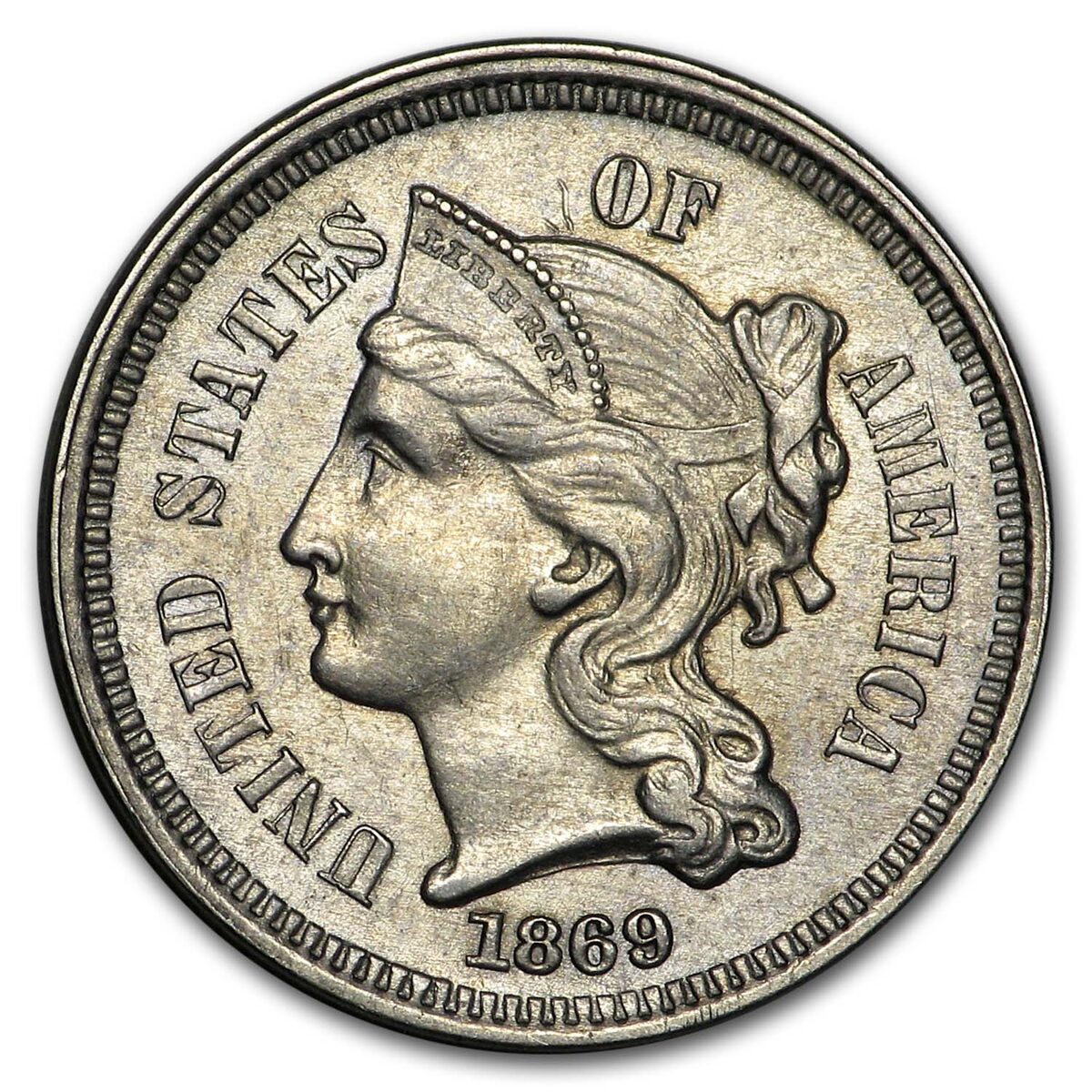 1869 3 Cent Nickel AU