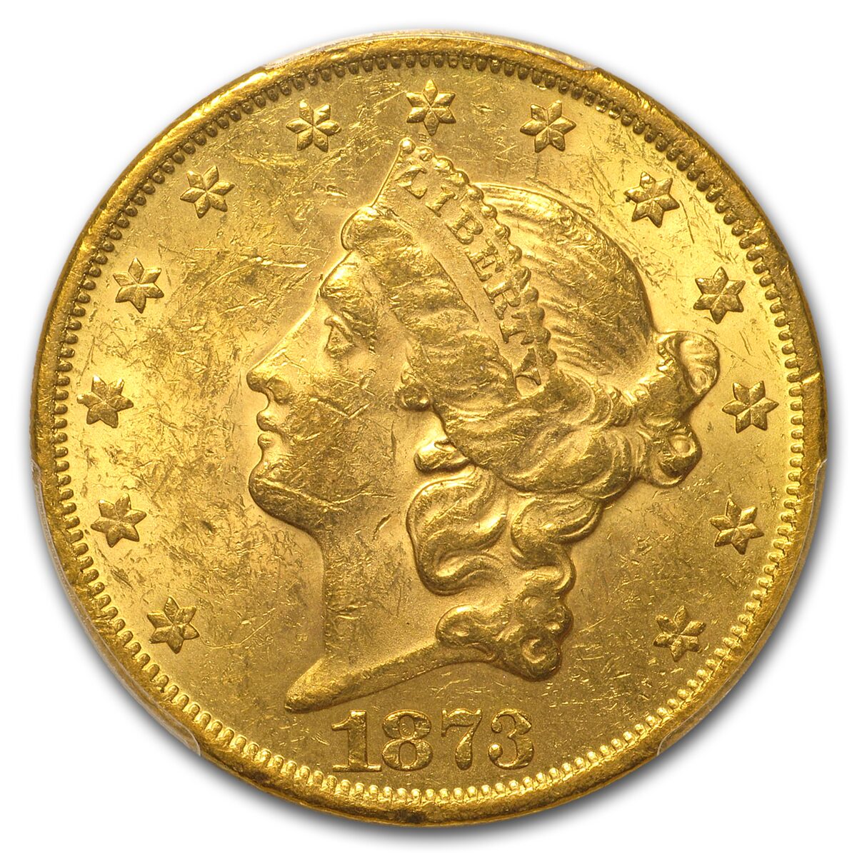 1873 $20 Liberty Gold Double Eagle BU PCGS (Prospector Label)