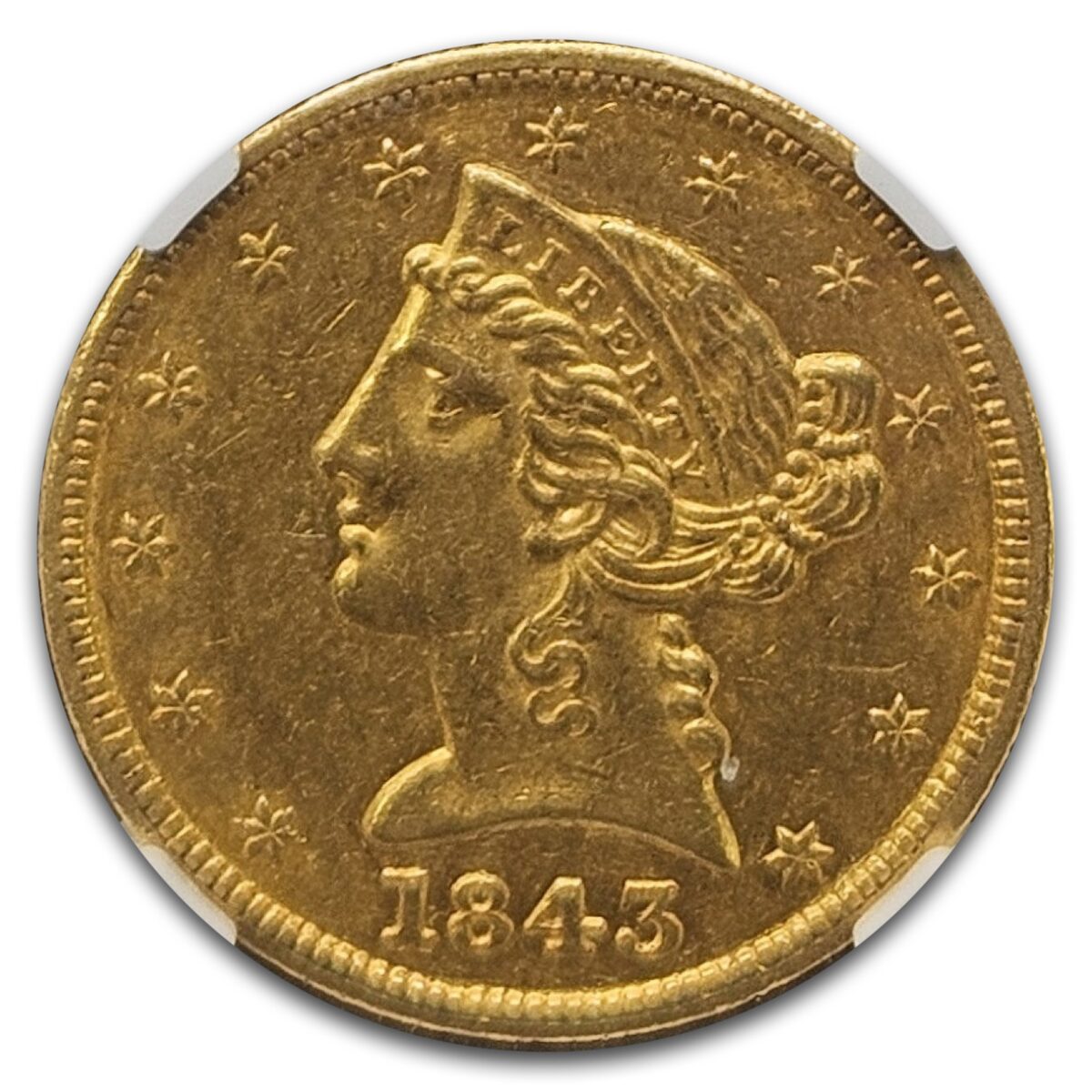 1843 $5 Liberty Gold Half Eagle AU-55 NGC