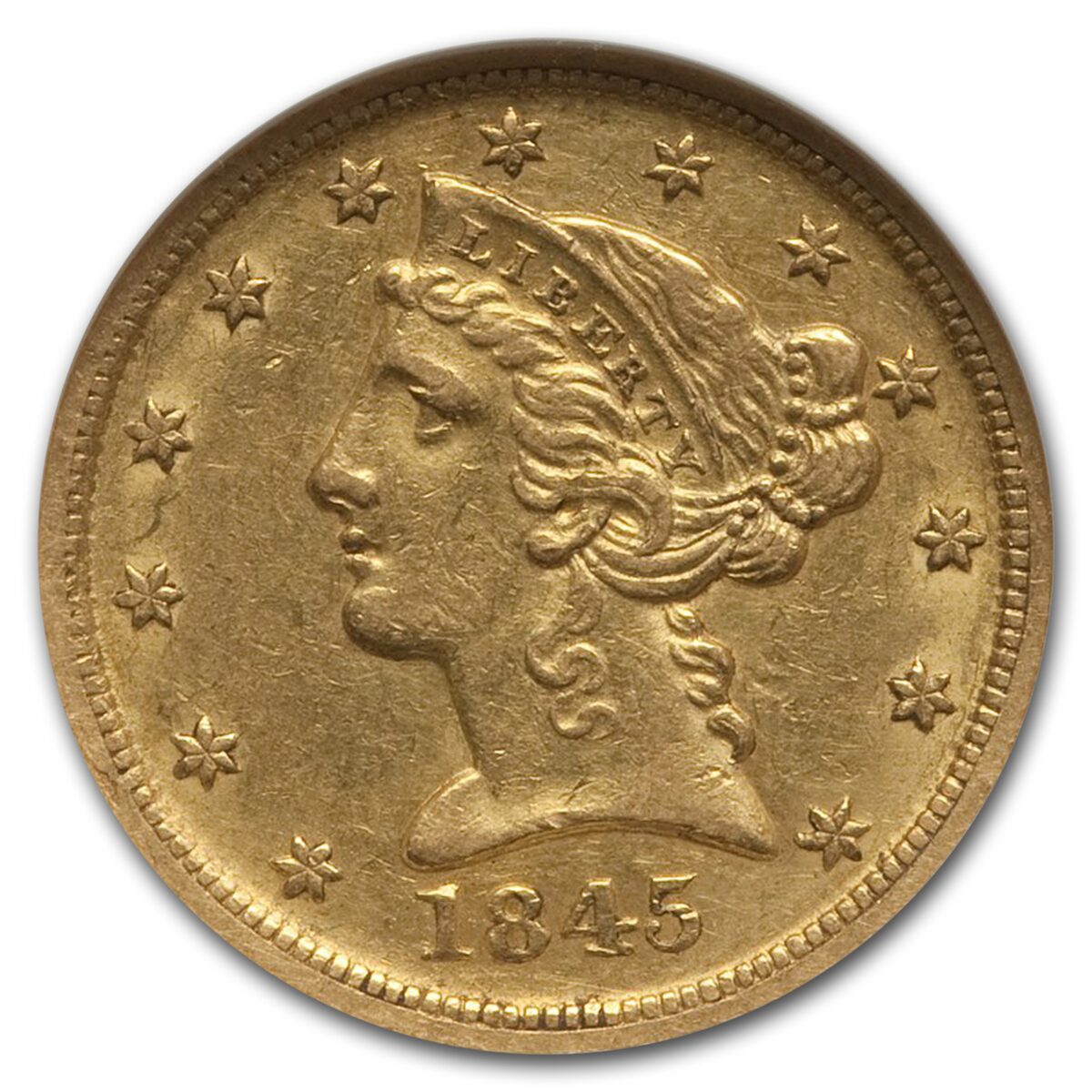 1845-D $5 Liberty Gold Half Eagle AU-55 NGC CAC