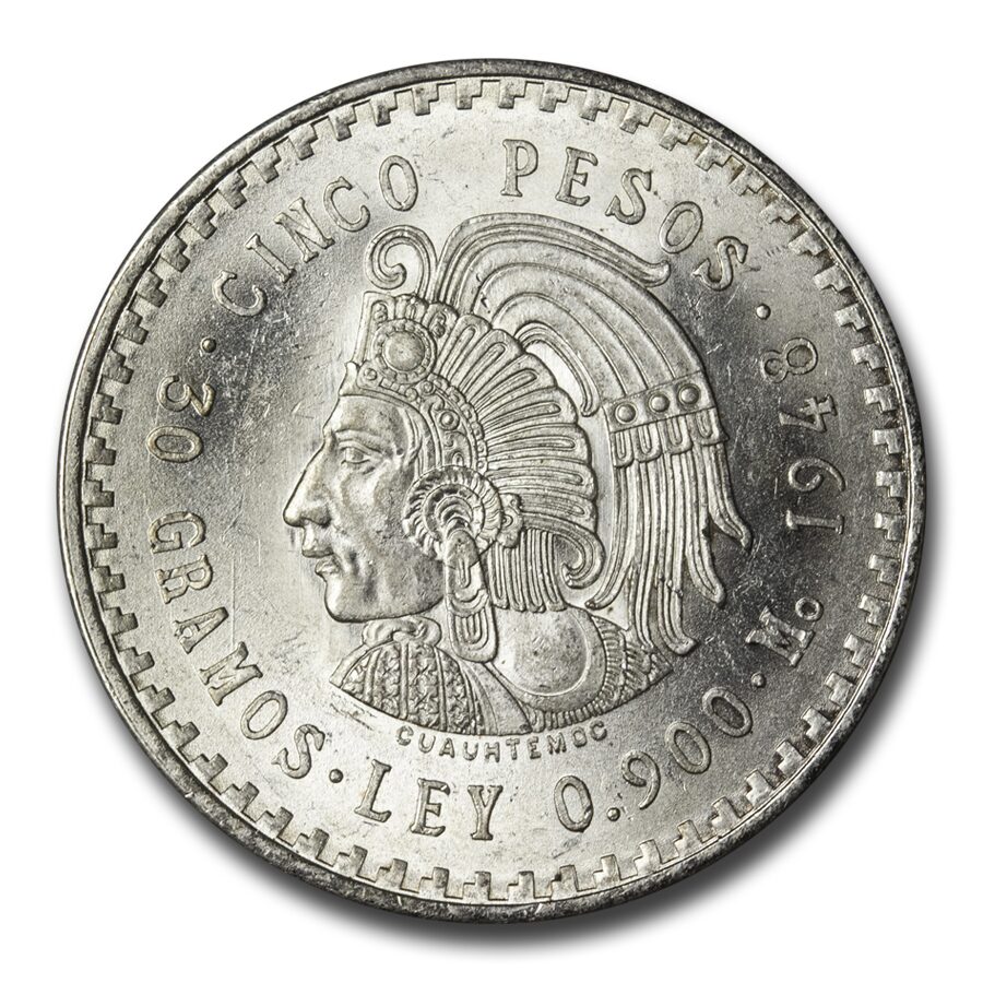 1947-1948 Mexico Silver 5 Pesos Cuauhtemoc BU