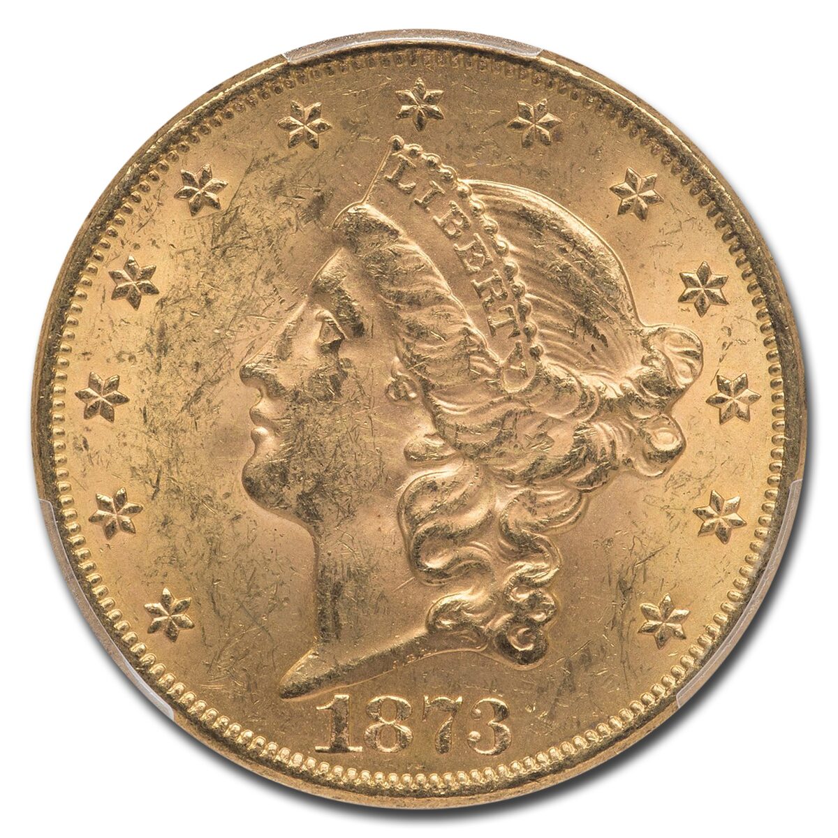 1873 $20 Liberty Gold Double Eagle Open 3 MS-62+ PCGS