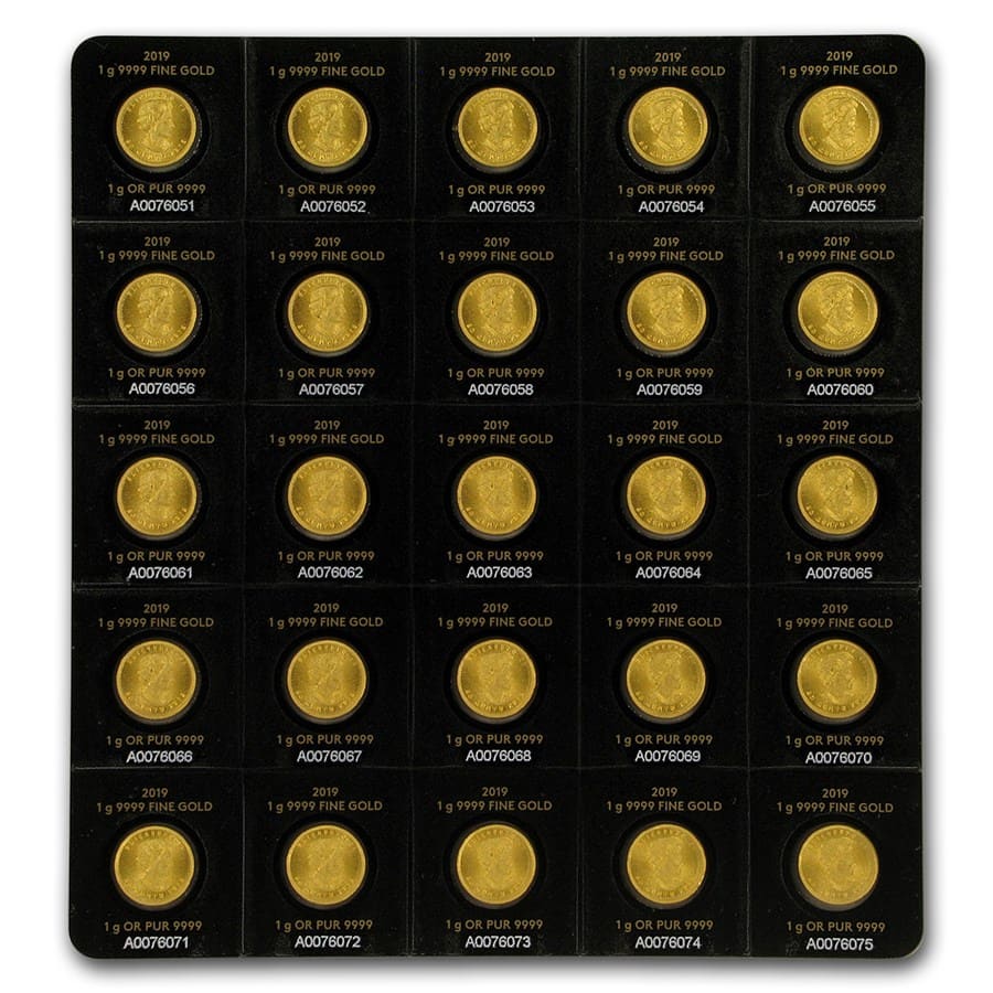 2019 25x 1 gram Gold Maple Leafs Maplegram25™ (In Assay Sleeve)