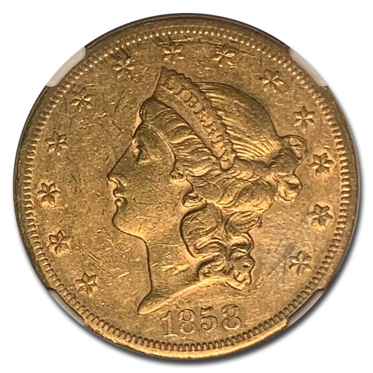 1858-S $20 Liberty Gold Double Eagle AU-50 NGC