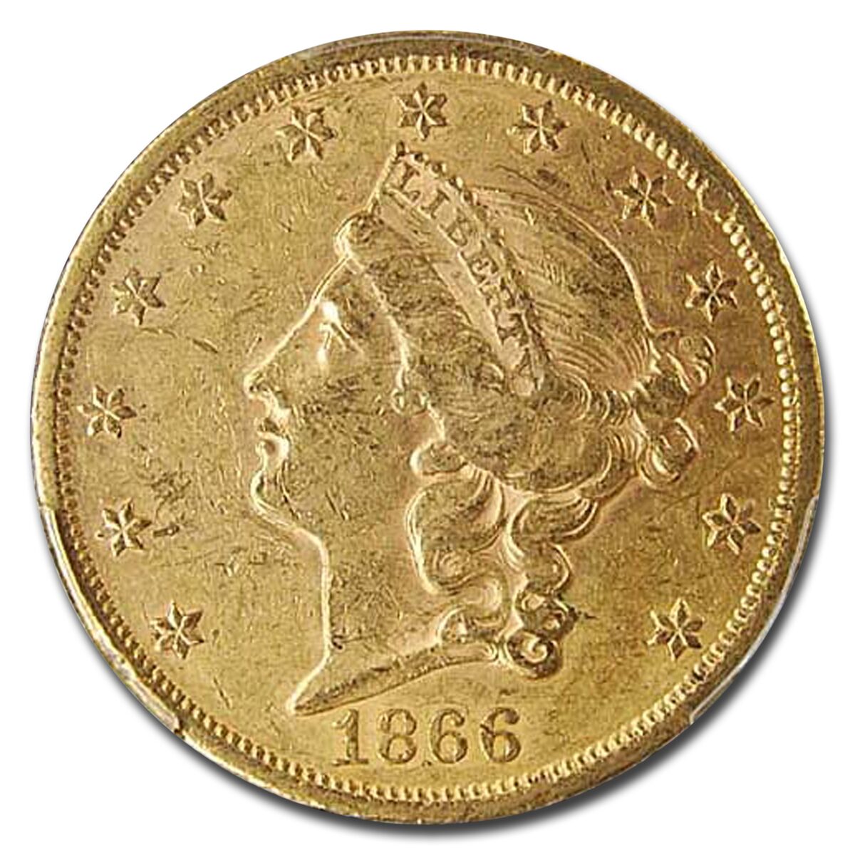 1866 $20 Liberty Gold Double Eagle AU-55 PCGS (w/Motto)