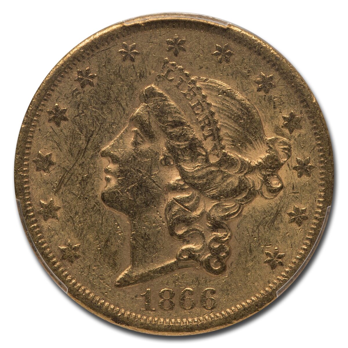 1866-S $20 Liberty Gold Double Eagle w/Motto AU-50 PCGS
