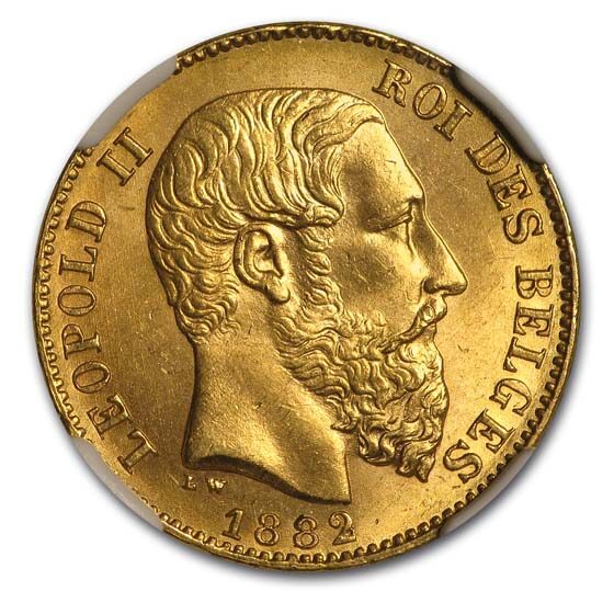 1882 Belgium Gold 20 Francs Leopold II MS-64 NGC (Position A)