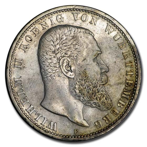 1892-1913 German States Wurttemberg Silver 5 Mark Avg Circ