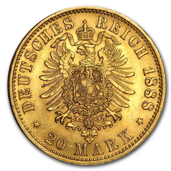 1888 Germany Gold 20 Marks Prussia Friedrich III BU