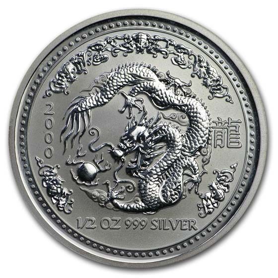 2000 Australia 1/2 oz Silver Year of the Dragon BU (Spots)