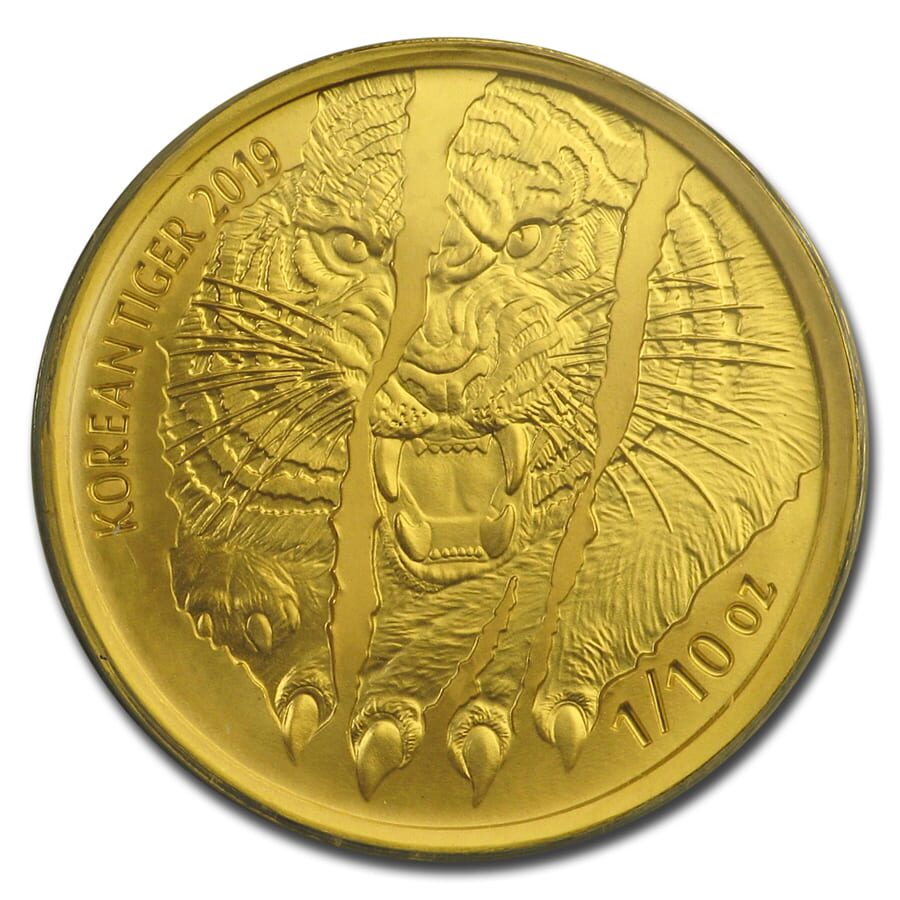 2019 South Korea 1/10 oz Gold Tiger BU (in Blue Assay card)
