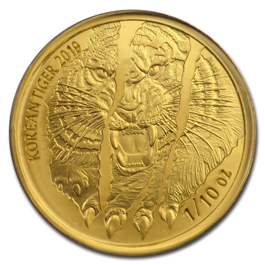 2019 South Korea 1/10 oz Gold Tiger BU (in Red Assay card)