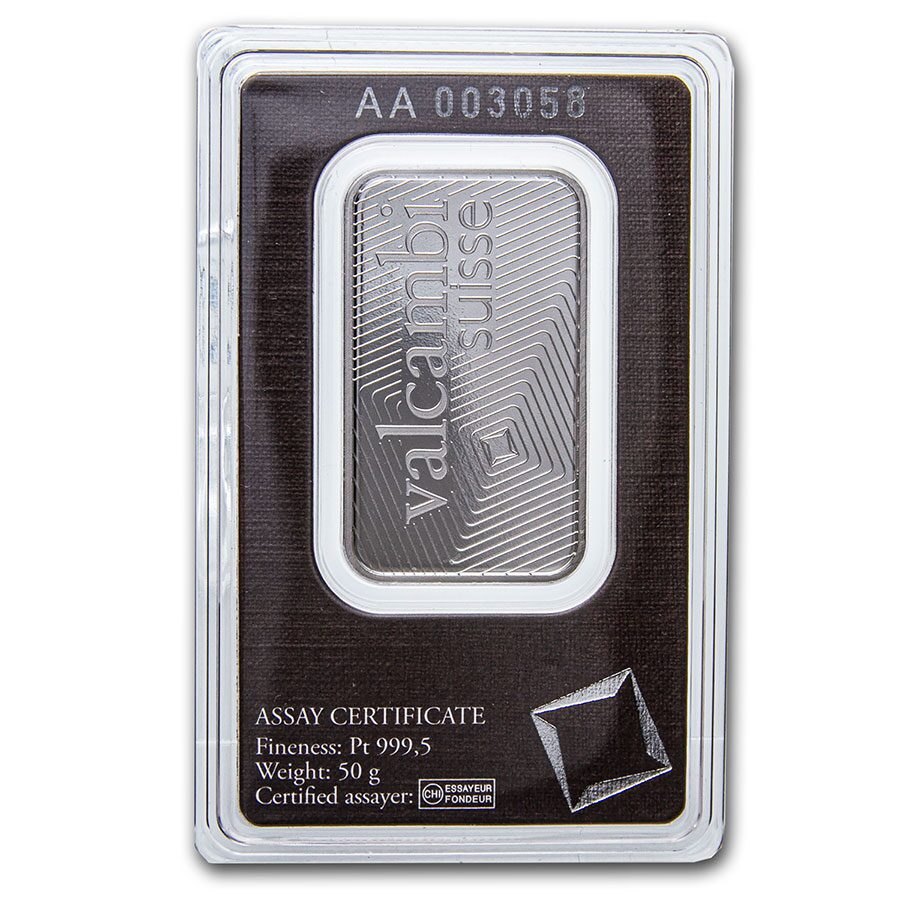 50 gram Platinum Bar - Valcambi (In Assay)
