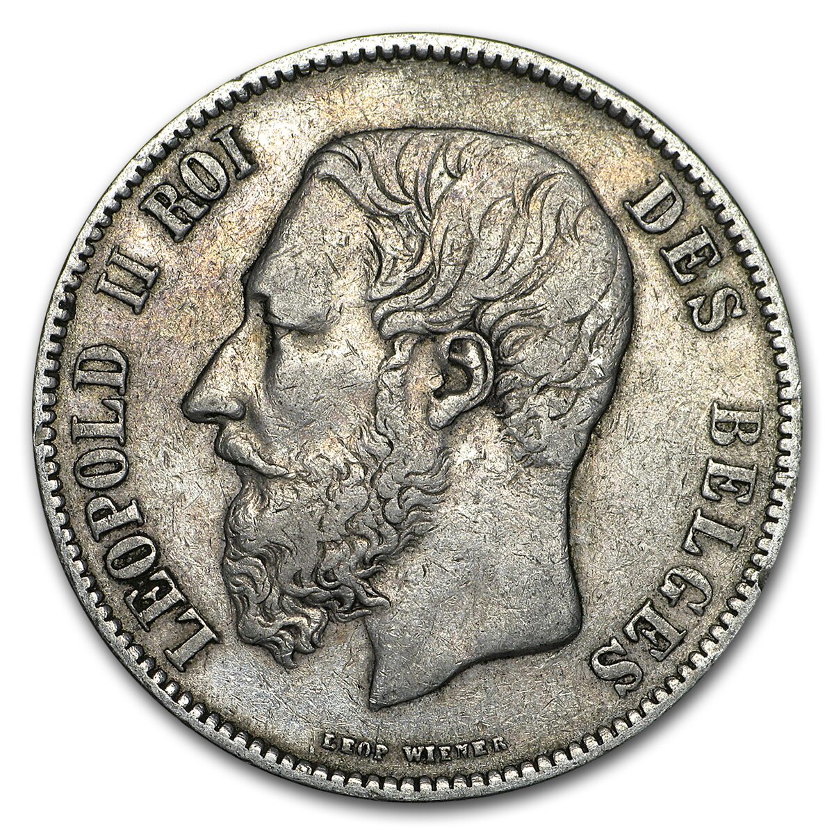 1867-1876 Belgium Silver 5 Francs Avg Circ (Random, ASW .7234)