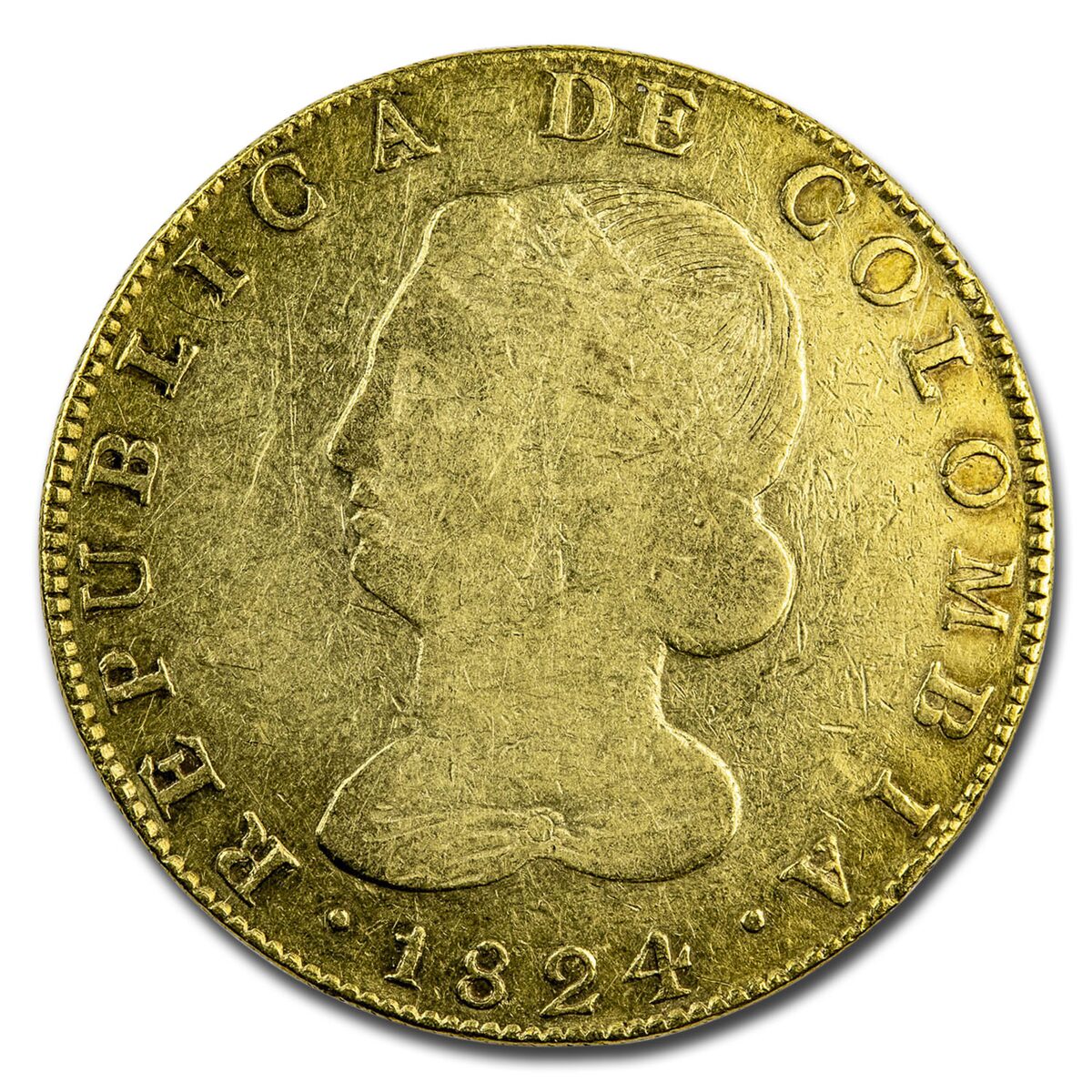 1824 Colombia EF Bogota Gold 8 Escudos VF