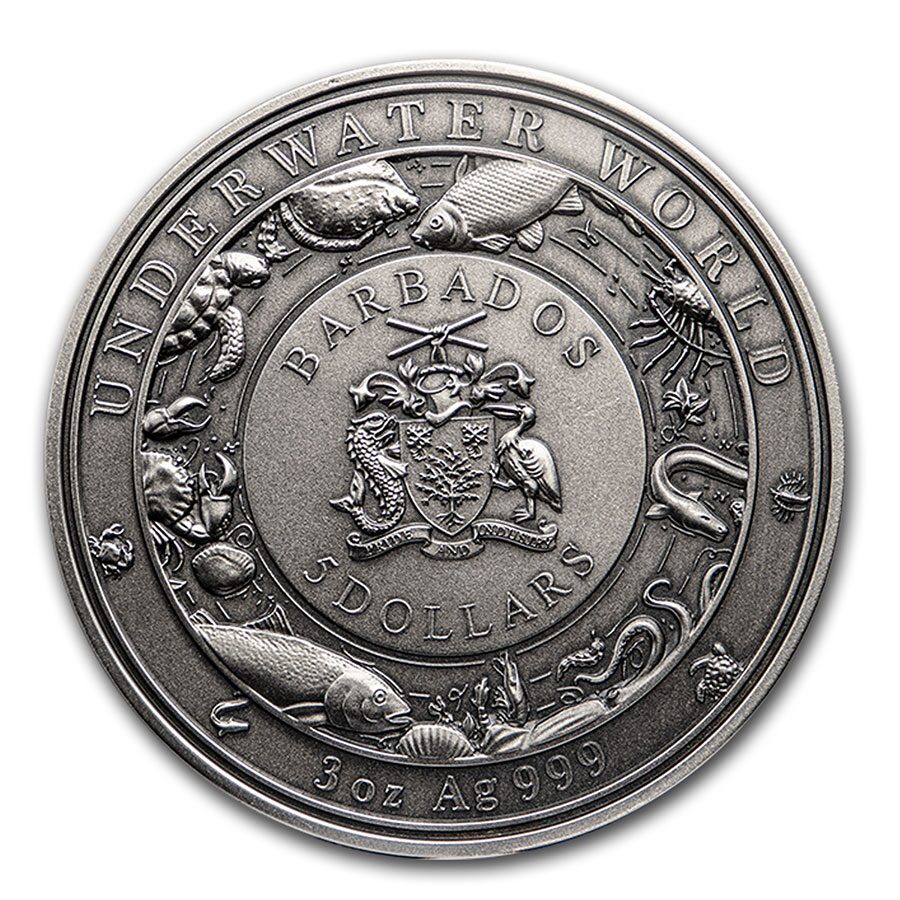 2021 Barbados 3 oz Silver Antique Underwater World (Octopus)