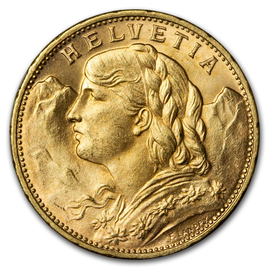 1916-B Swiss Gold 20 Francs Helvetia BU