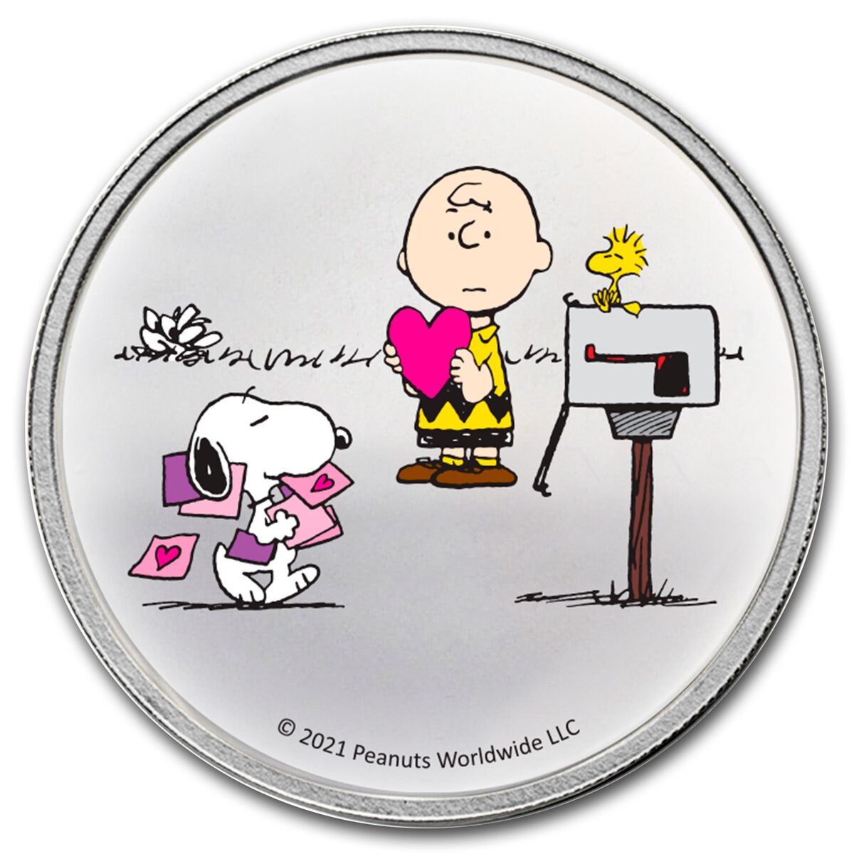 Peanuts® Snoopy and Charlie Brown Valentine 1 oz Colorized Silver