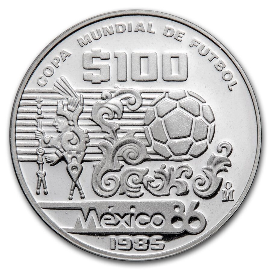 1985 Mexico Silver 100 Pesos Proof (1986 World Cup - Aztec)