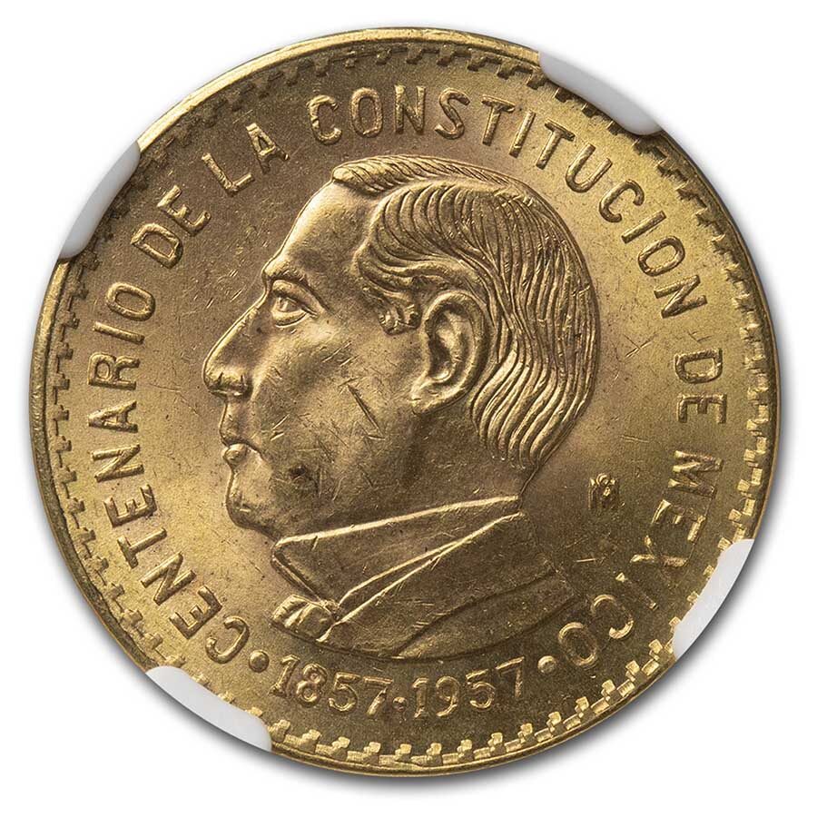 1957 Mexico Gold 10 Peso Constitution Centennial MS-63 NGC