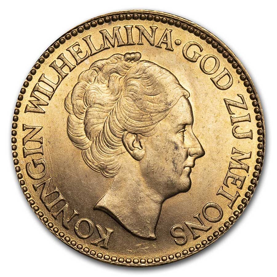 1932 Netherlands Gold 10 Gulden Wilhelmina I BU