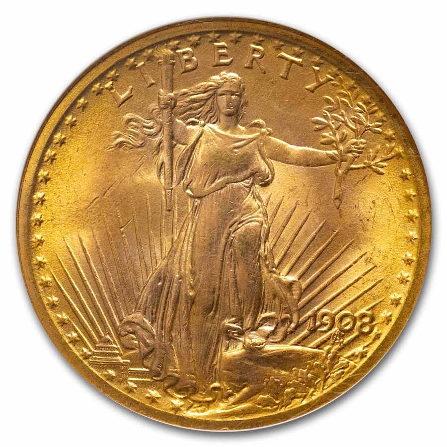 1908 $20 St Gaudens Gold No Motto MS-65 NGC (Wells Fargo)