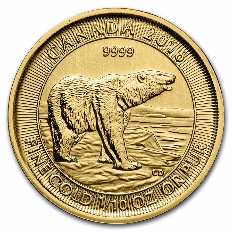 2018 Canada 1/10 oz Gold $5 Polar Bear BU