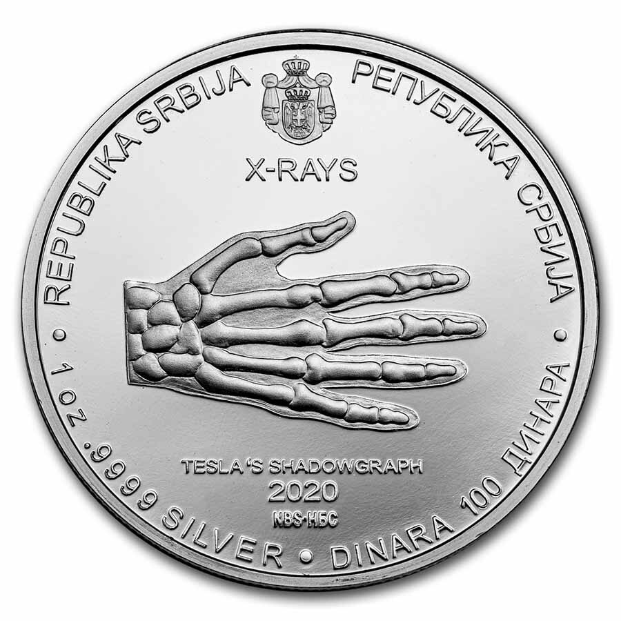 2020 Serbia 1 oz Proof Silver 100 Dinar Nikola Tesla: X-Ray