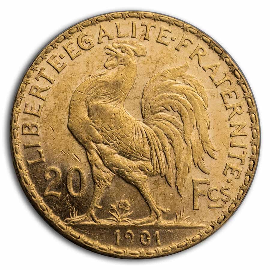 France Gold 20 Francs French Rooster Coin (1899-1914) AU