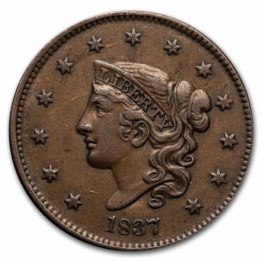 1837 Large Cent Plain Cord, Medium Letters XF