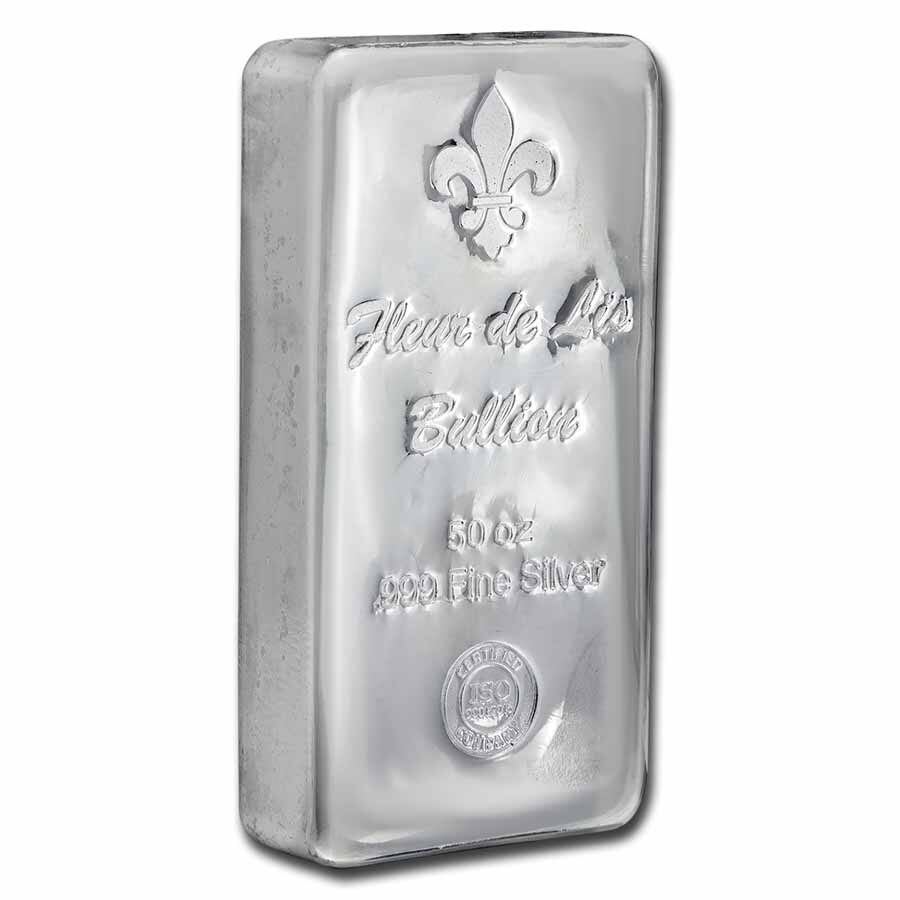 50 oz Cast-Poured Silver Bar - Fleur De Lis Bullion