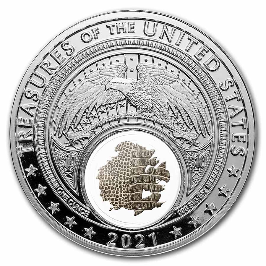 2021 1 oz Ag Treasures of the U.S. Louisiana Alligator Skin Color