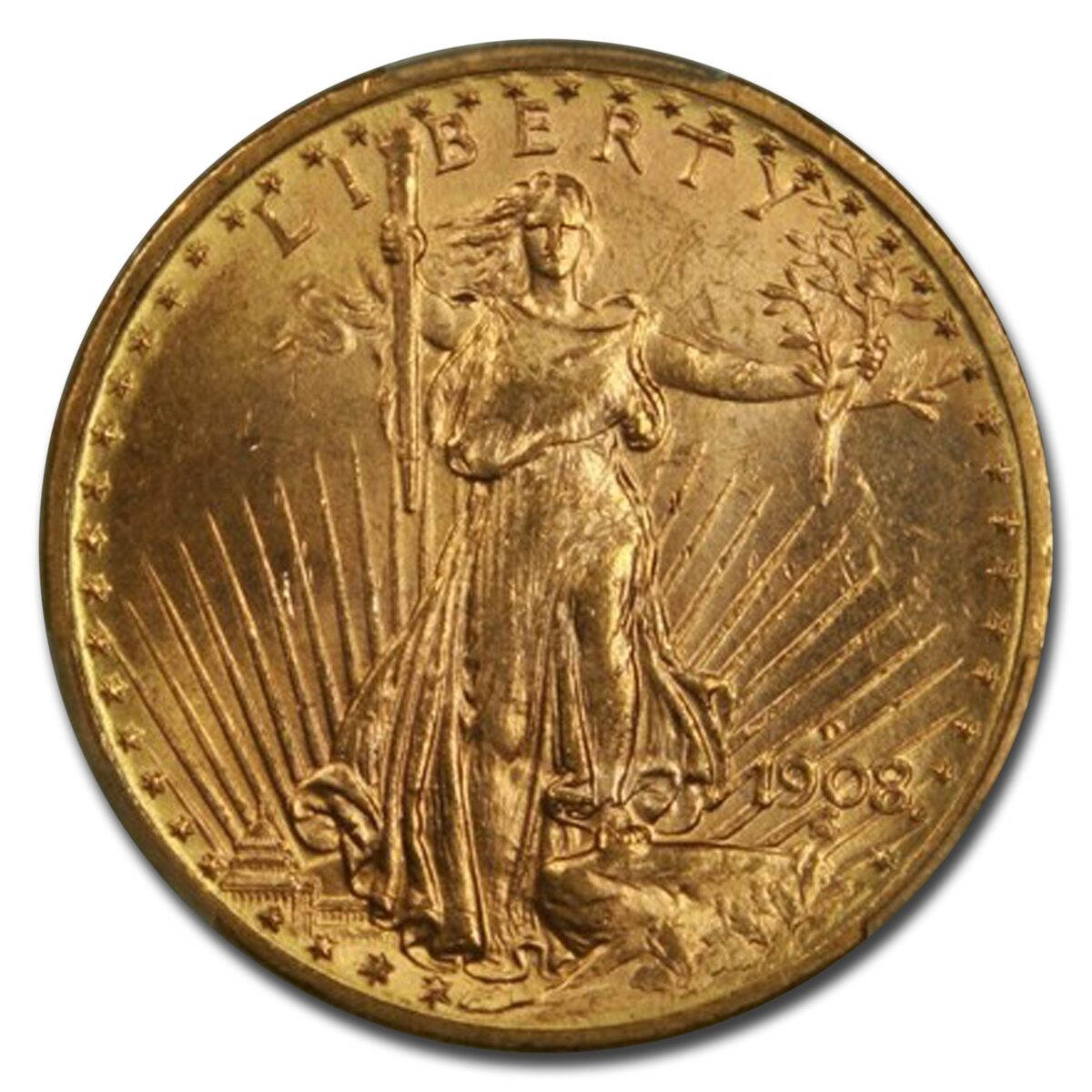 1908-D $20 St Gaudens Gold Double Eagle No Motto MS-64 PCGS