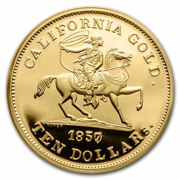 1857/0 $10 49er Horseman .906 Fine Cal Gold PCGS (Box & COA)